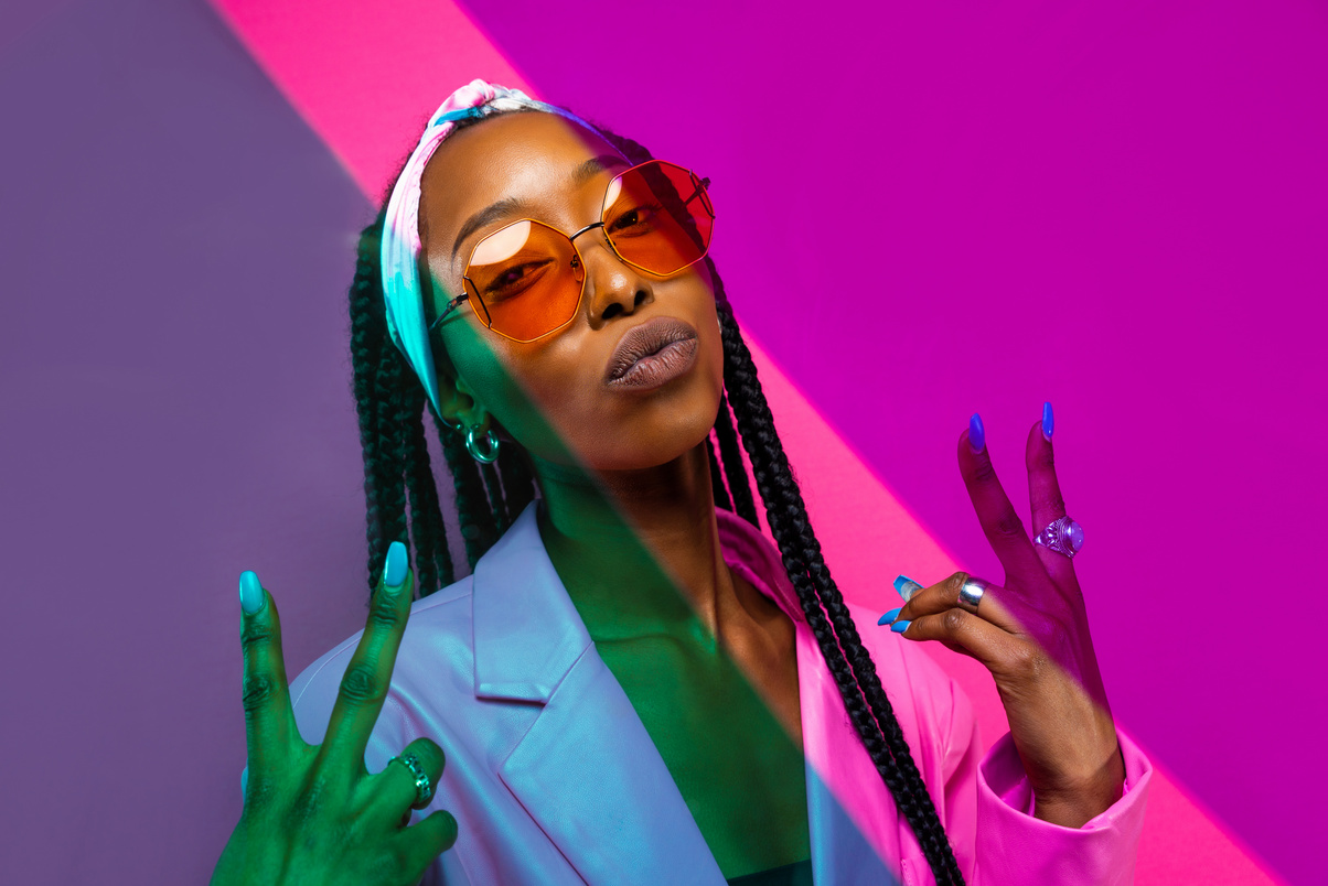 Beautiful Afro Woman with Pigtails and Stylish Clothes