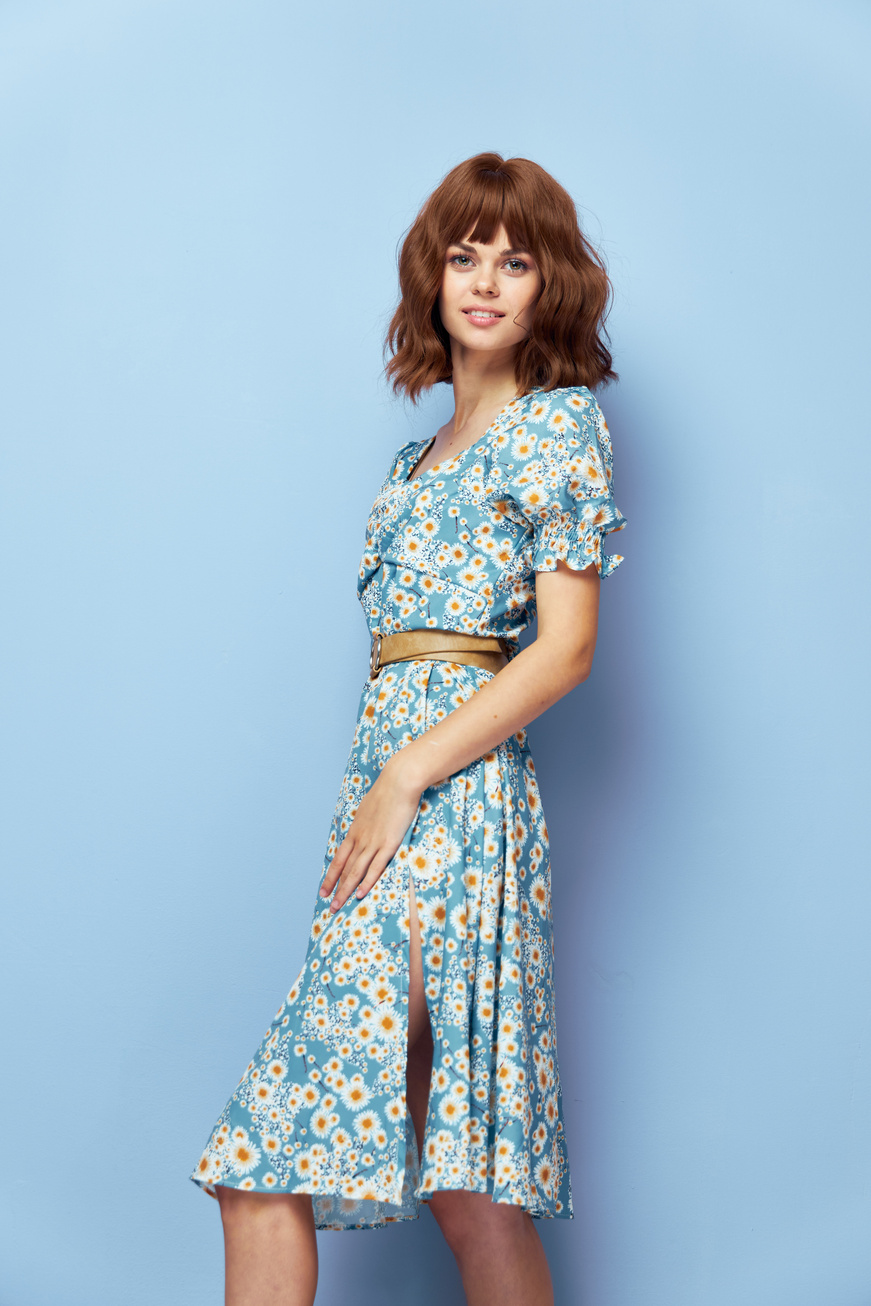 Woman in Dress Short Haired Smile Stylish Clothes